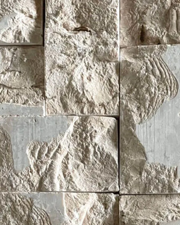 Textura de Rock Face: placas retangulares de pedra bege-clara com superfície porosa e veios naturais.